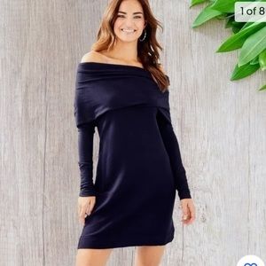 Lilly Pulitzer Belinda Navy Blue Heather One Shoulder Cowlneck Dress, Small